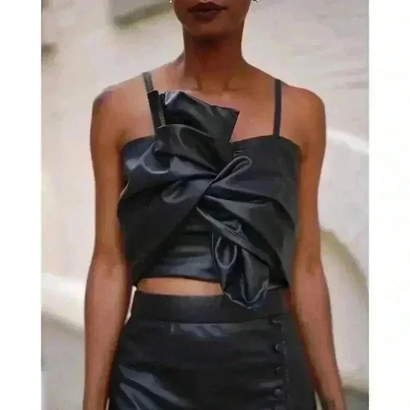 NWT The Drop Women's Black Faux Leather Bow Front Top by Signed Blake, Size S - Picture 1 of 16